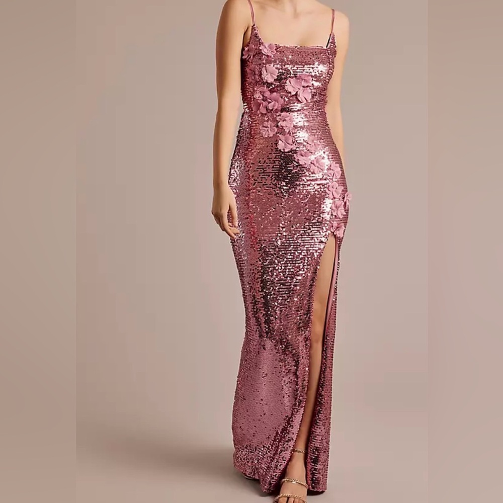 Rose Pink Sequin Floral Slit Evening Dress NWT XS